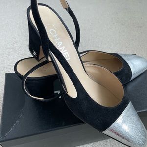 Chanel Black and silver metallic sling backs. Authentic